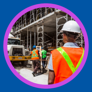 Men work at a construction center. 