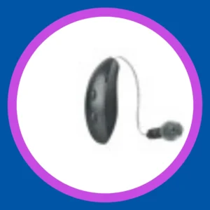 A black Phonak hearing aid stands on a white background. 