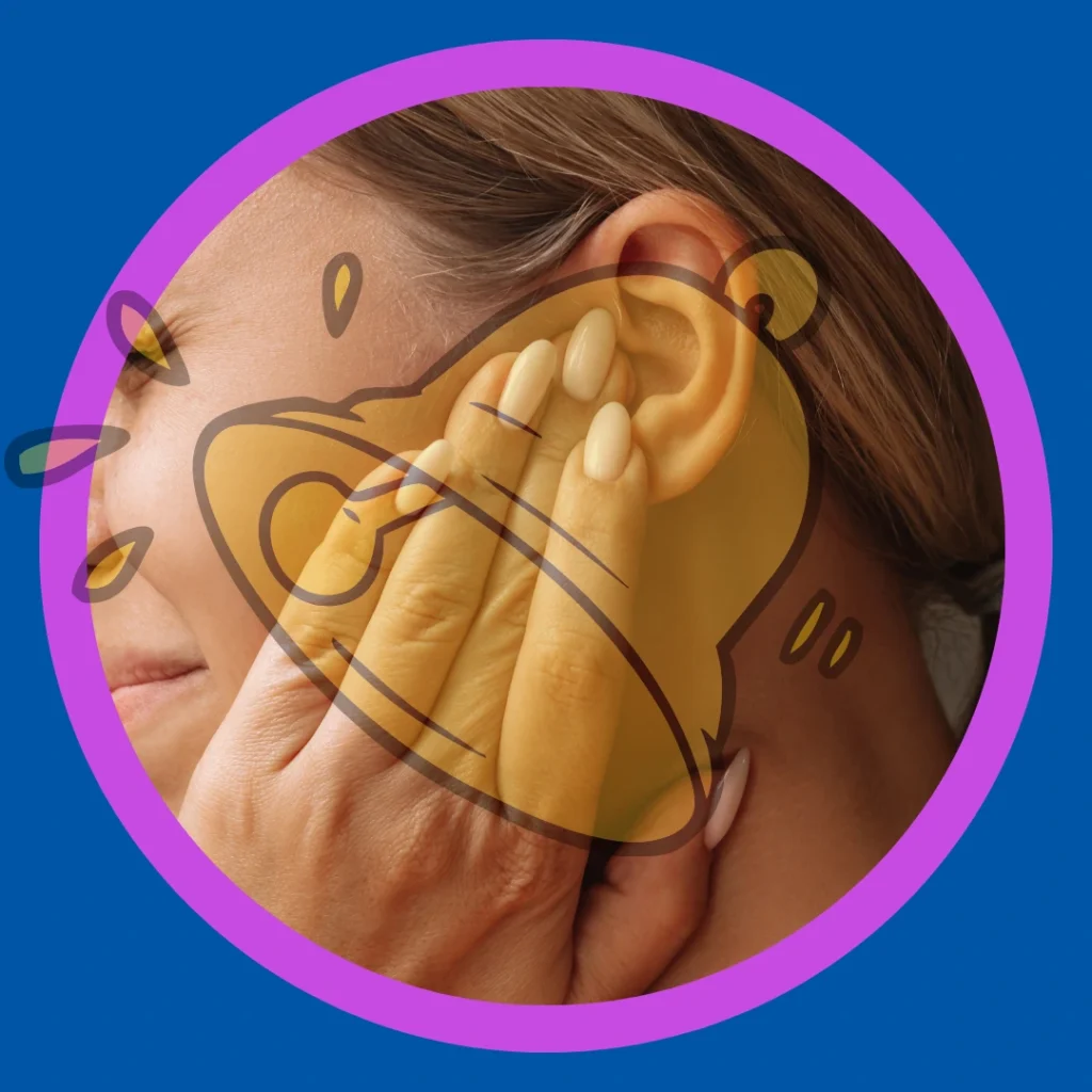 A bell is superimposed over a woman holding her ear.