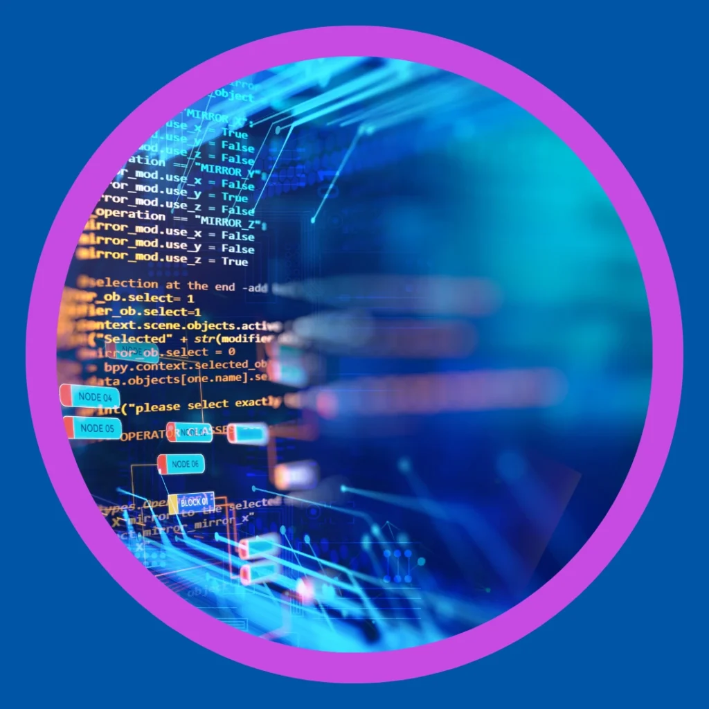 Blue computer code flashes on a black background.