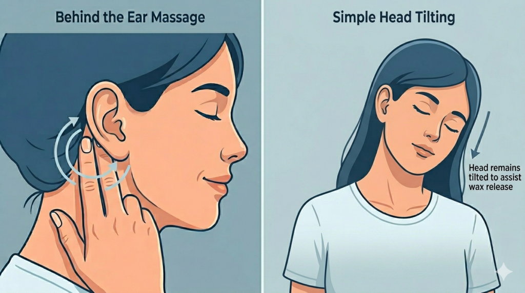 A woman massages behind her ear. 