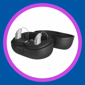 Rechargeable hearing aids rest in their charging case. 