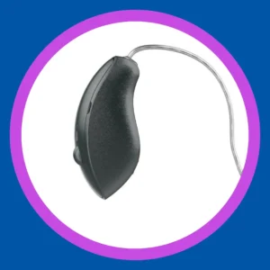 A black Starkey Omega AI hearing aid sits on a white background. 