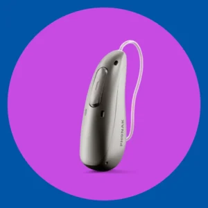 A silver Phonak Sphere Infinio stands on a purple background. 