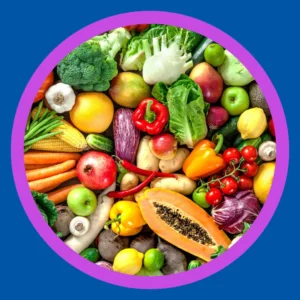 A collection of fruits and vegetables sit on display.
