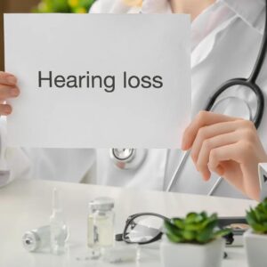 An audiologist holds up a sign that says “hearing loss.”