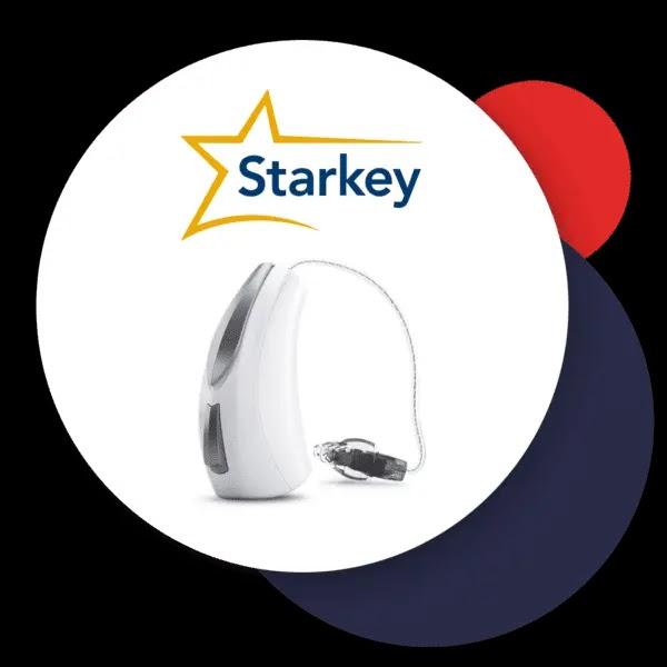 A white Starkey hearing aid stands on a white background.