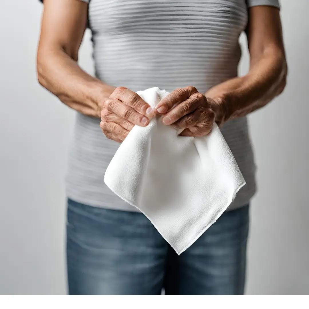 Hands clean a hearing aid with a microfiber cloth.