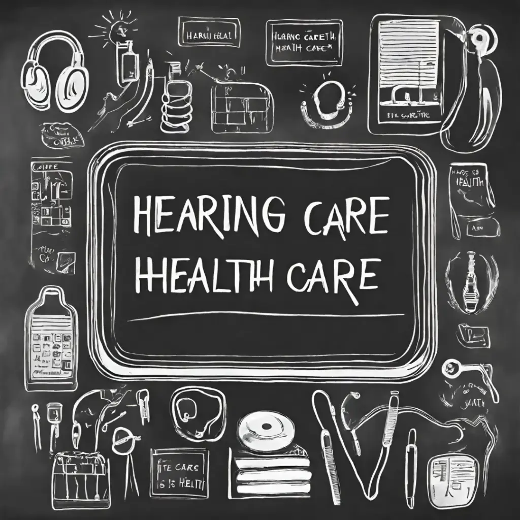 A blackboard says, “Hearing Care Health Care”.