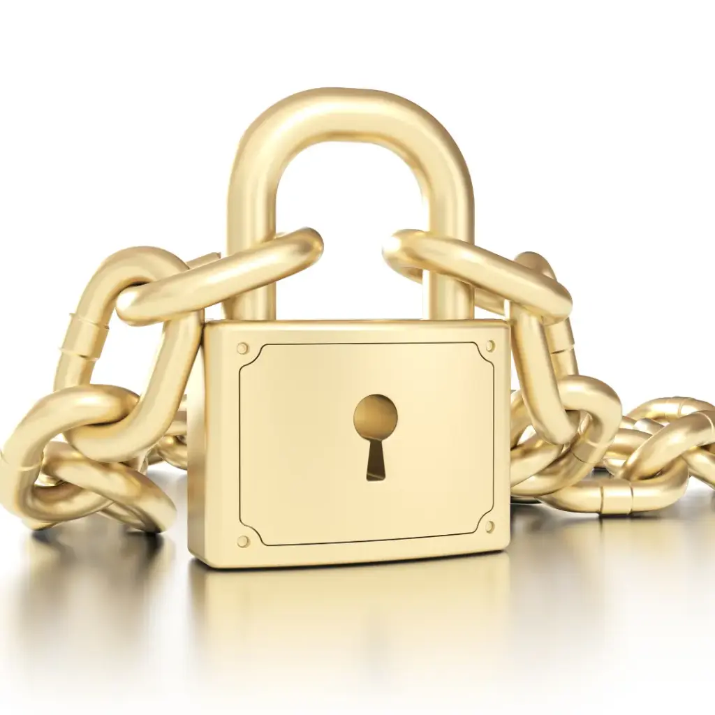 A golden padlock and chain sit on a white background.