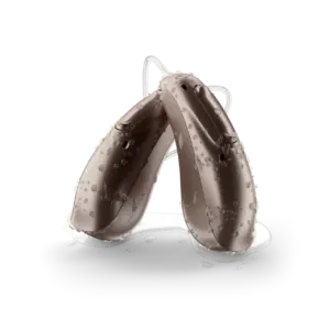 Unlocked waterproof hearing aids stand on a white background. 