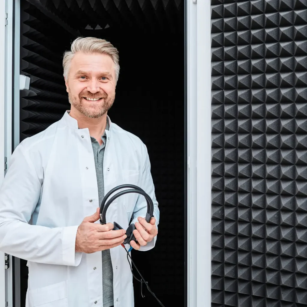 An audiologist smiles as he prepares for the hearing test.