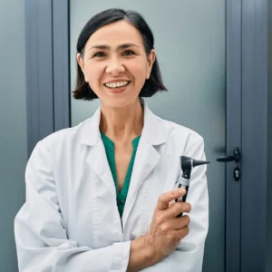 An audiologist smiles and holds an otoscope.