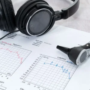 An otoscope sits on an audiogram. 