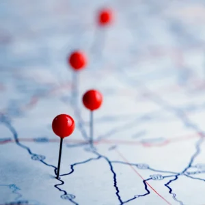 A map with red pins at certain points along highway routes.