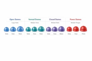Different kinds of hearing aid domes sit on a white background. 