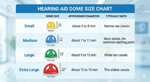 Hearing aid domes of each size line up on a chart.