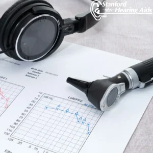 An otoscope rests on top of an audiogram.