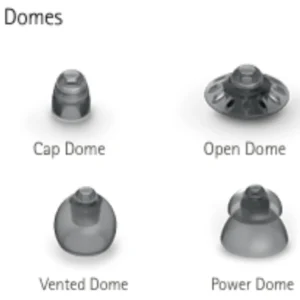 Four different types of Phonak hearing aid domes sit on a white background. 