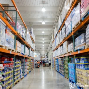 A view of an aisle at a typical Costco. 