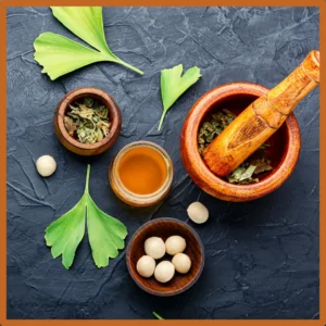Ginkgo leaves, herbs, and a paste sit on a covered table.