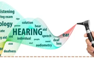 Words including “hearing” and “audiometry” flow from an otoscope.
