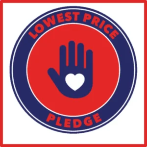 A red and blue badge says, “Lowest Price Pledge,” and shows a hand with a heart. 