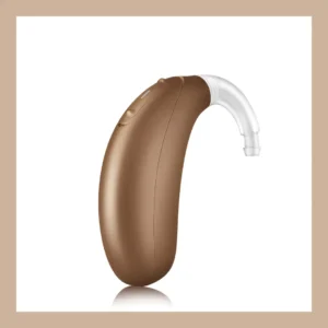 A behind-the-ear hearing aid stands on a white background. 