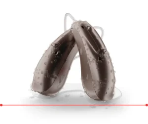 A pair of Phonak Audeo Lumity Life hearing aids stands against a white background.