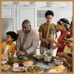 A family talks while gathered around a spread of food.