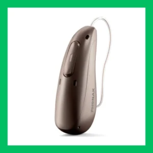An Audeo Sphere Infinio hearing aid stands on a white background. 