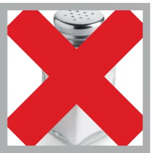 A large red “X” crosses out a salt shaker. 