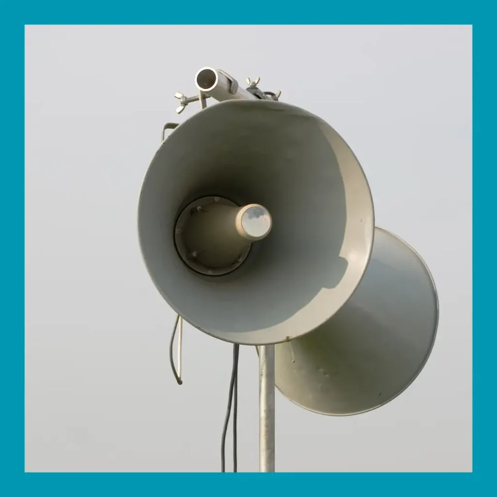 An outdoor loudspeaker stands against a gray sky.