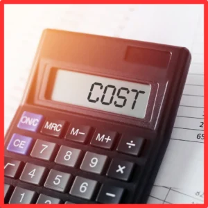 The word "cost" is spelled out on a calculator screen.