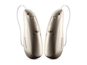 Phonak hearing aids on a white background. 