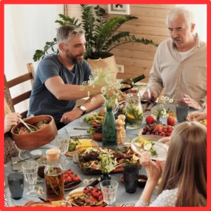 A family gathered around a holiday table.