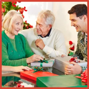A family opens holiday gifts together. 