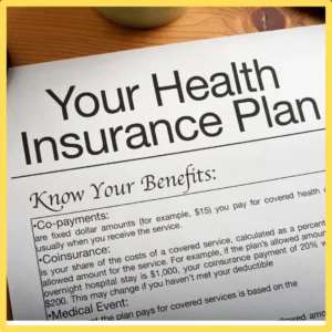 A paper says, "Your Health Insurance Plan" across the top. 