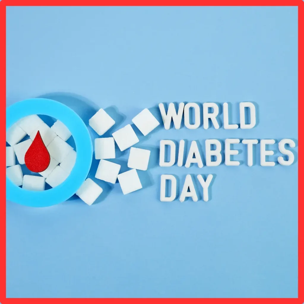 A picture says "World Diabetes Day" and shows white squares in a circle.
