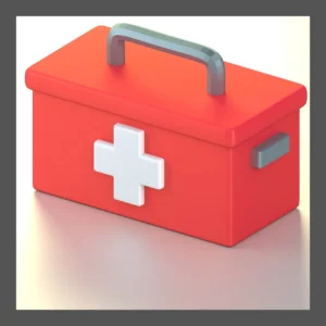 An emergency medical kit sits on a white background. 