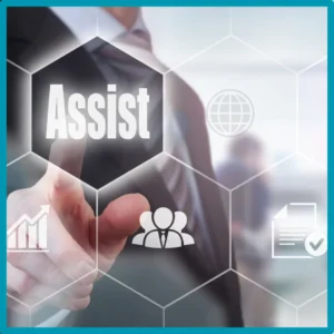 The word "assist" is superimposed over a man holding out his hand. 