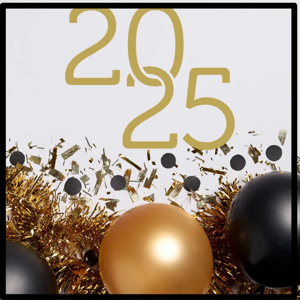 A golden 2025 sits on top of balloons and streamers.