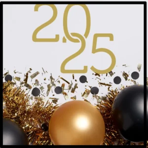 A golden 2025 sits on top of balloons and streamers.