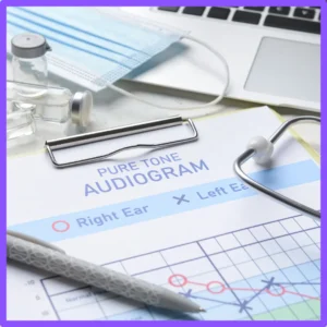 A clipboard shows an audiogram. 