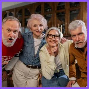 Two older couples have fun together. 