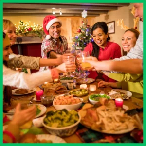 A family toasts at a holiday table.