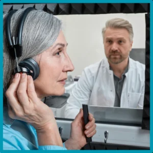 An older woman takes a hearing test. 