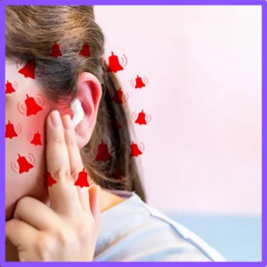 A woman presses on her ear. Bells around it indicate tinnitus. 