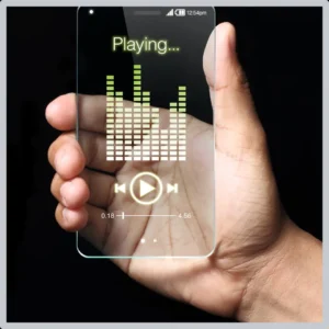 A hand holds a phone playing a sound program. 