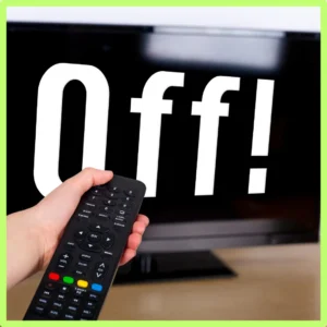 A hand points a remote control at a TV that says, "Off!"